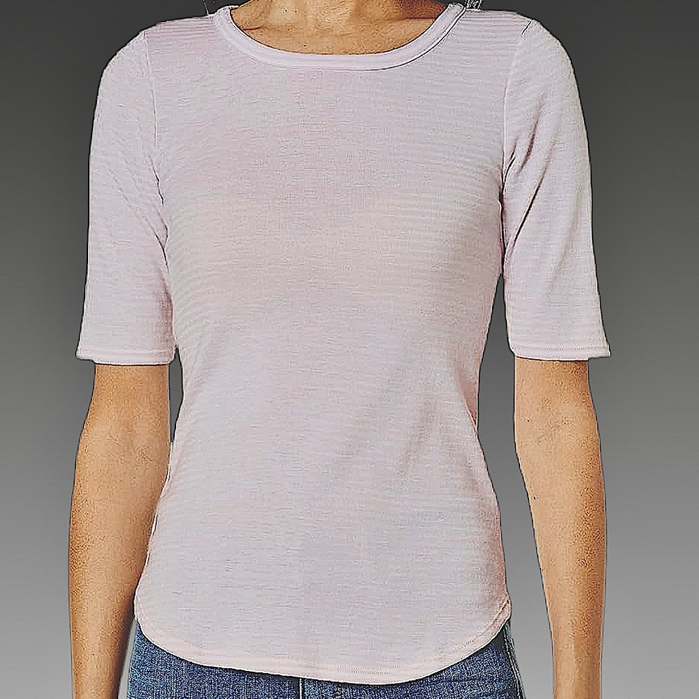 NWT THREE DOTS Montauk‎ Stripe 3/4 sleeve tee with wide neck & keyhole back sz S